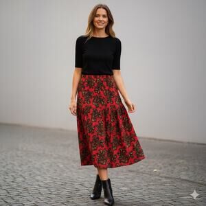 Vtg Red Paisley Midi Skirt Women’s XS / S Elastic Waist Gathered Prairie Hippie